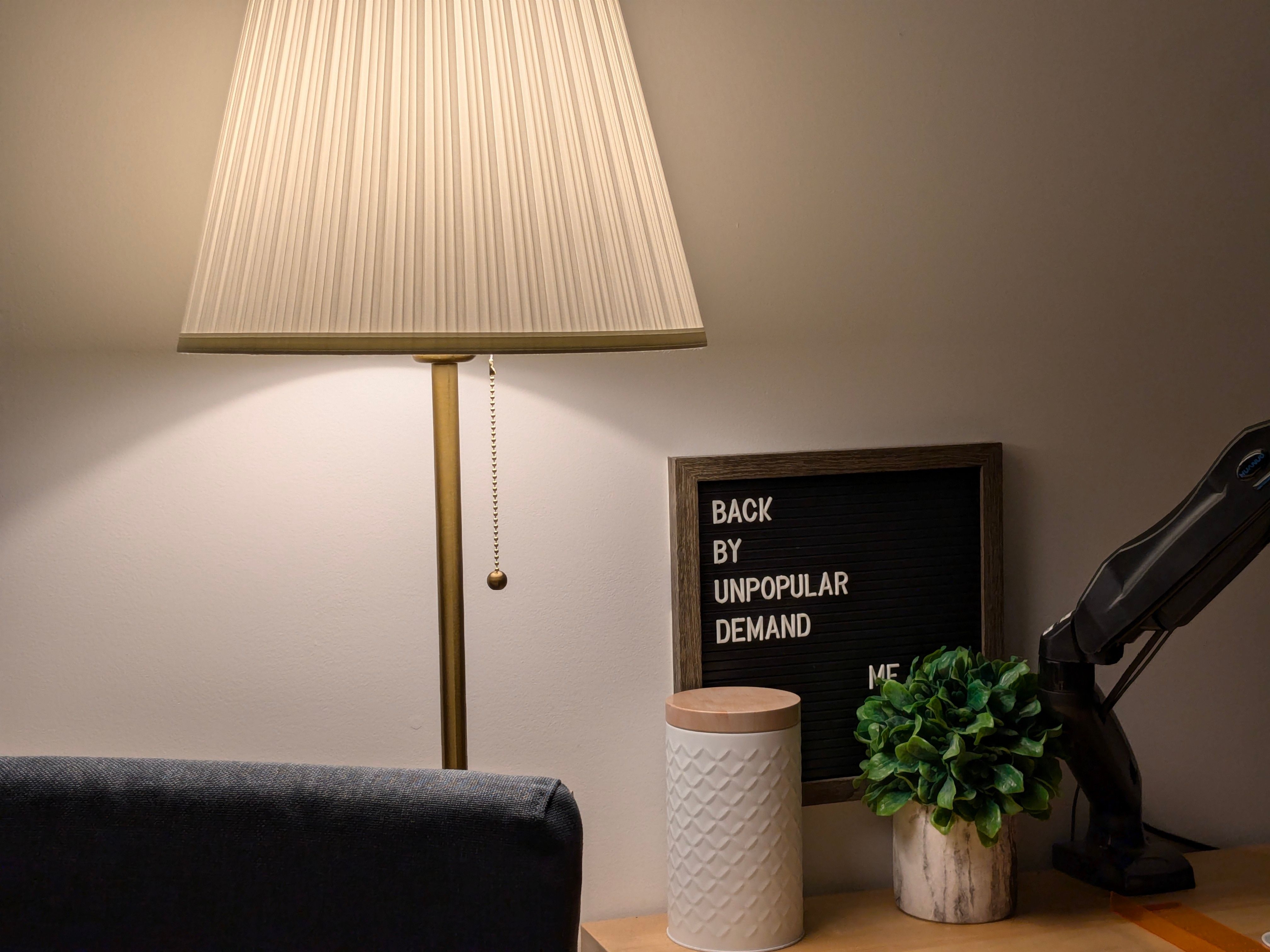 Cozy interior with a lit floor lamp, dark blue couch, letter board saying 'BACK BY UNPOPULAR DEMAND ME', and a potted plant.