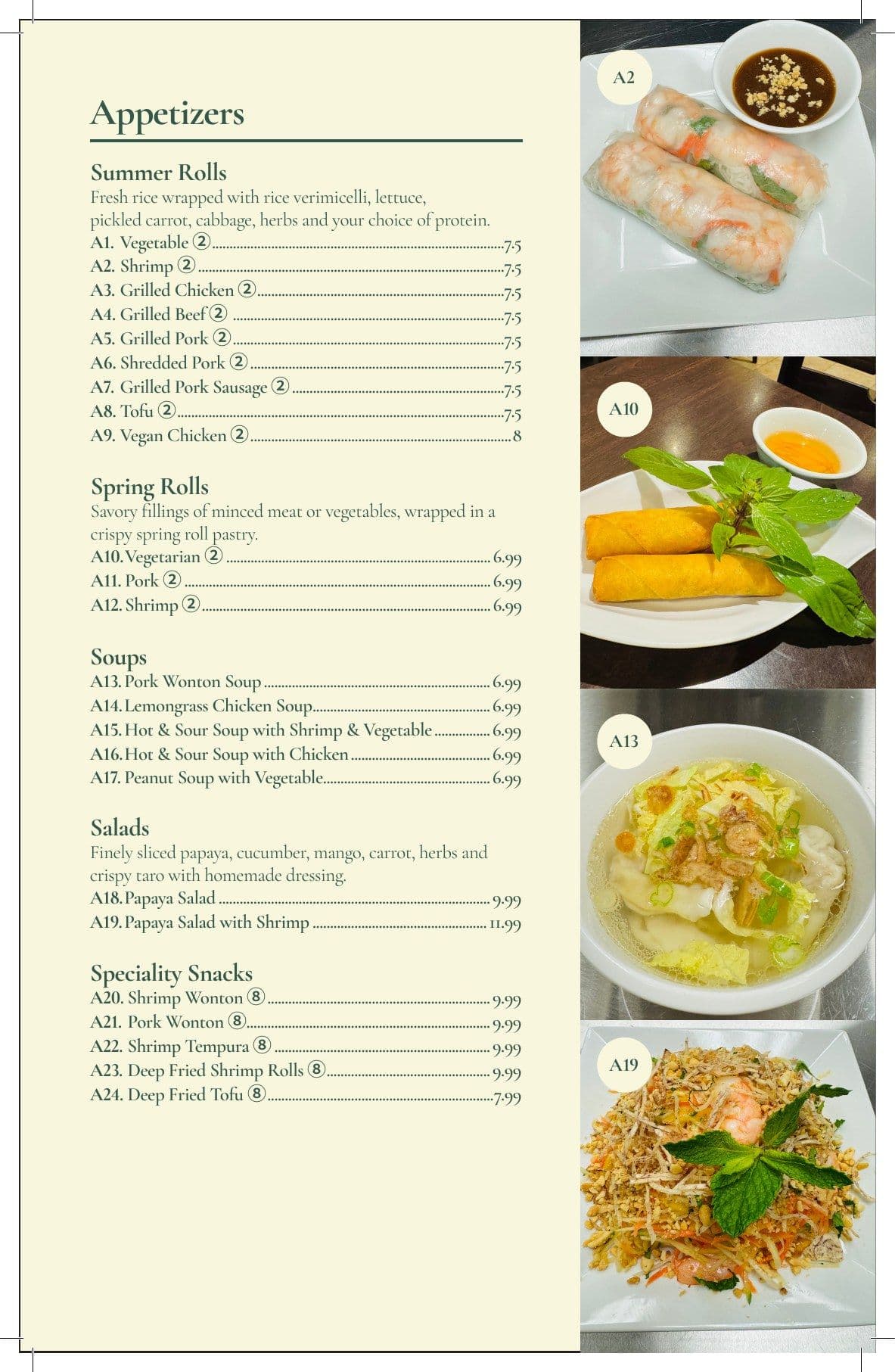 Menu page one: appetizers, rolls, soups and salads beside a column of photographs.