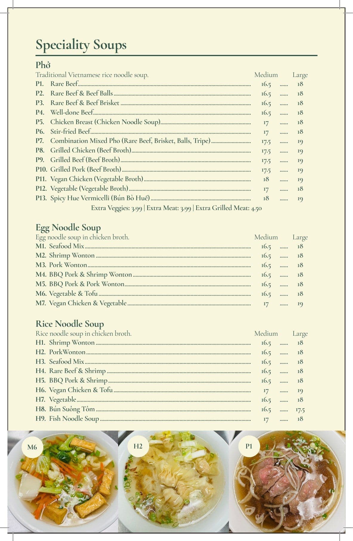 Menu page two: speciality soups, phở first.