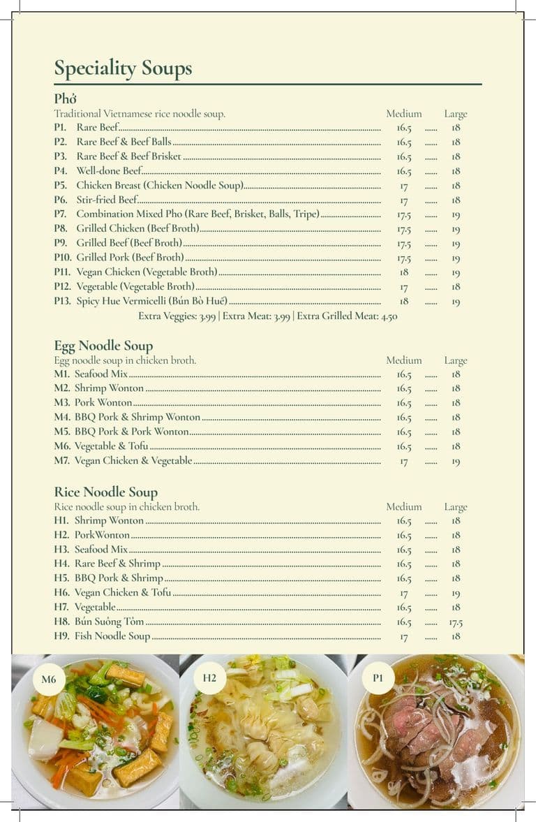 Menu page two: speciality soups, phở first.