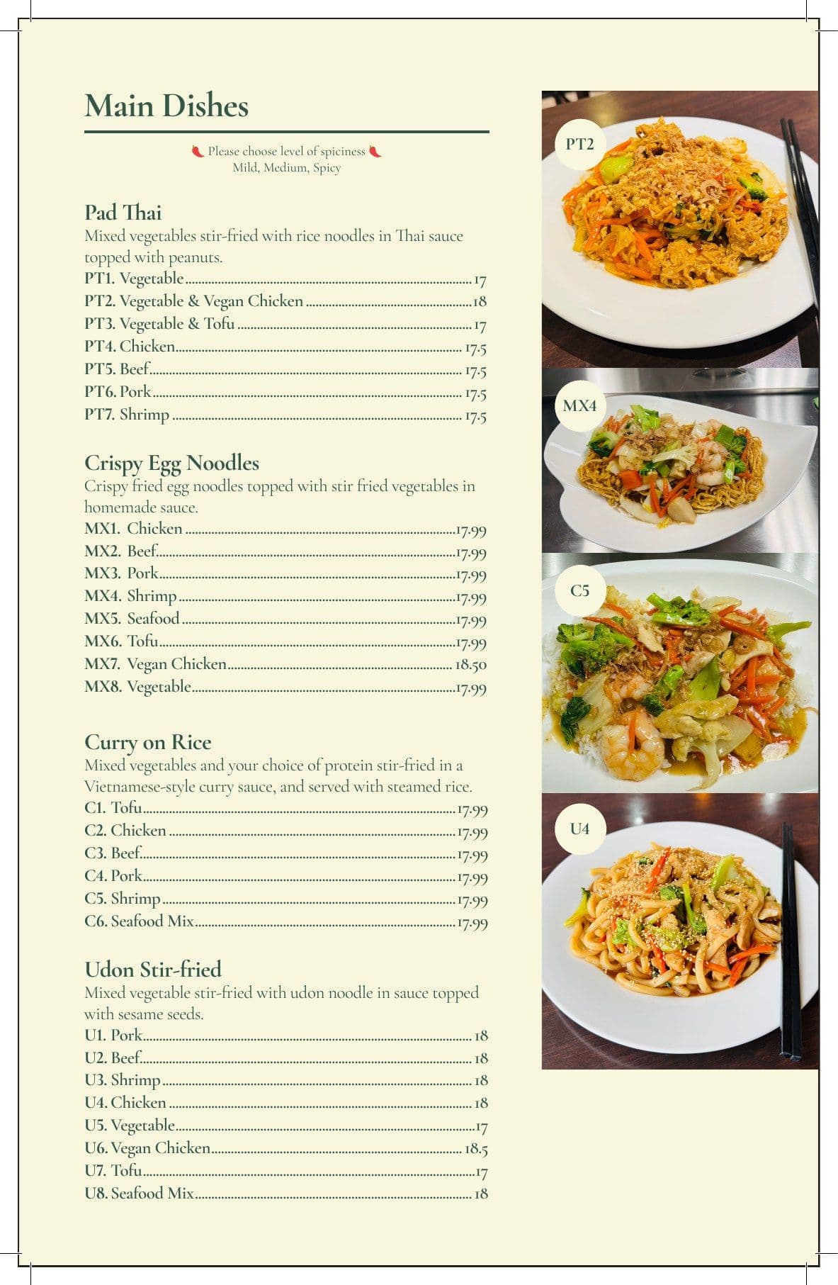 Menu page three: main dishes beside photographs of the plates.