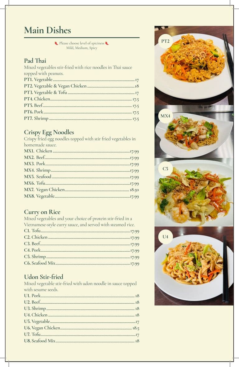 Menu page three: main dishes beside photographs of the plates.