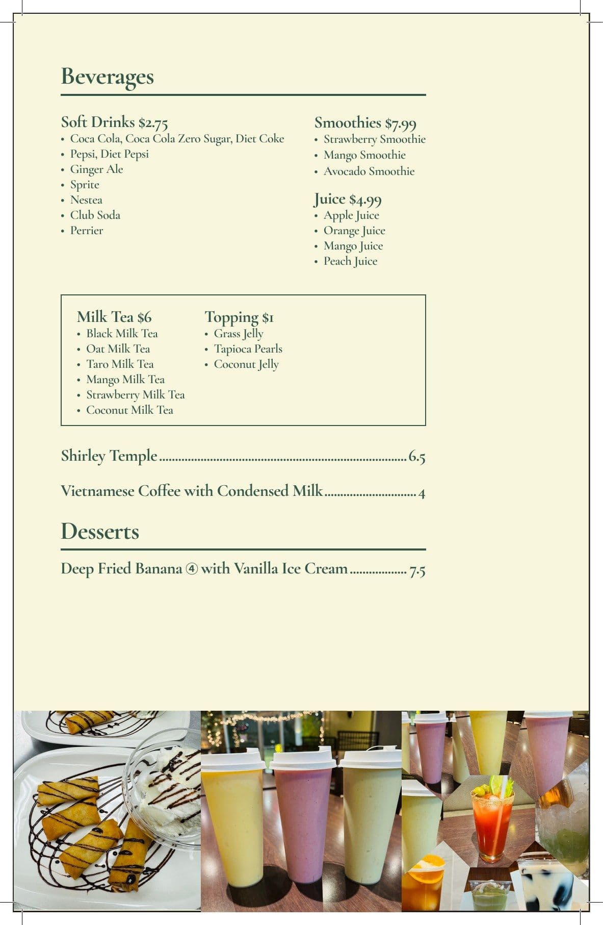 Menu page five: beverages and desserts.