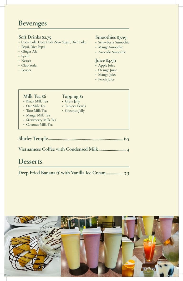 Menu page five: beverages and desserts.