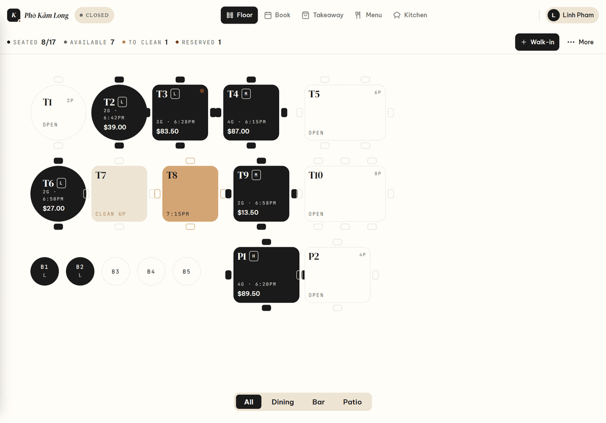 The floor plan: tables marked seated, open, to clean and reserved.