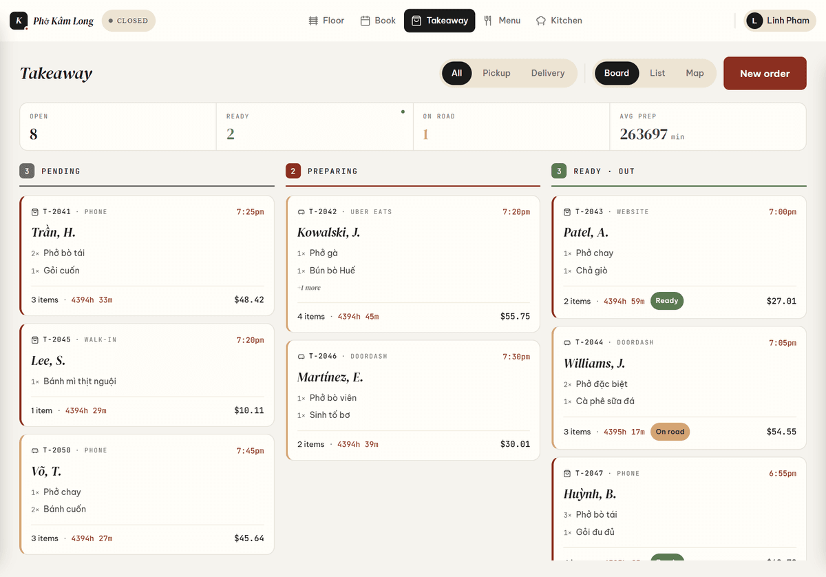 The takeaway board: pending, preparing and ready.