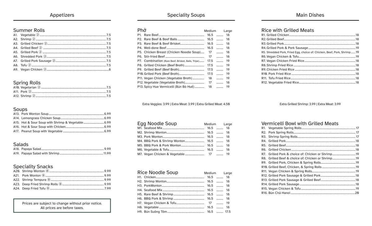 The trifold's inside: appetizers, soups and main dishes across three panels.