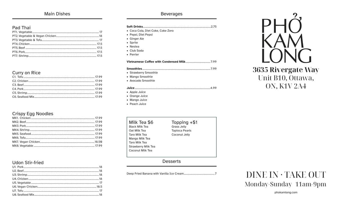 The trifold's outside: main dishes, beverages and the cover with the address and hours.
