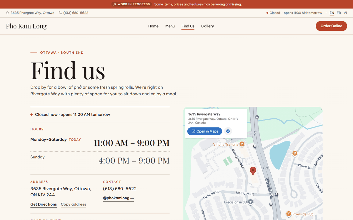 Find us: the hours, the address and a map.