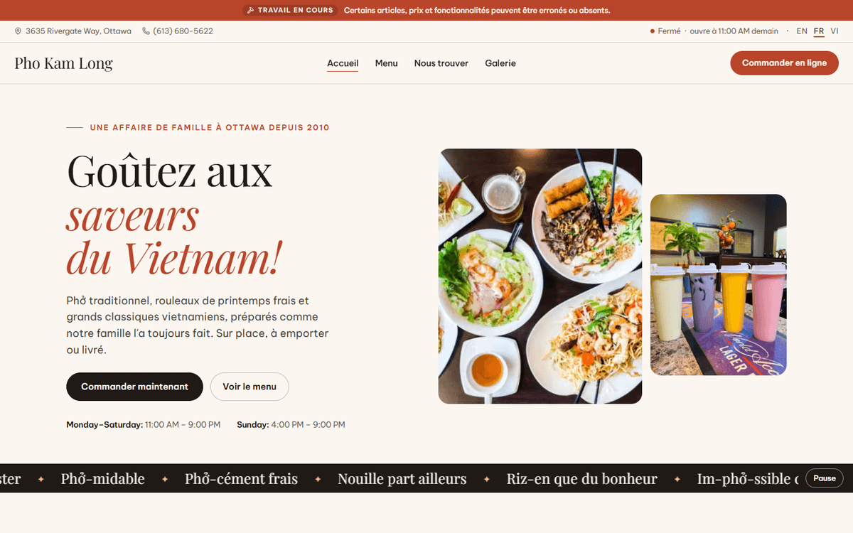 The home page in French: Goûtez aux saveurs du Vietnam.