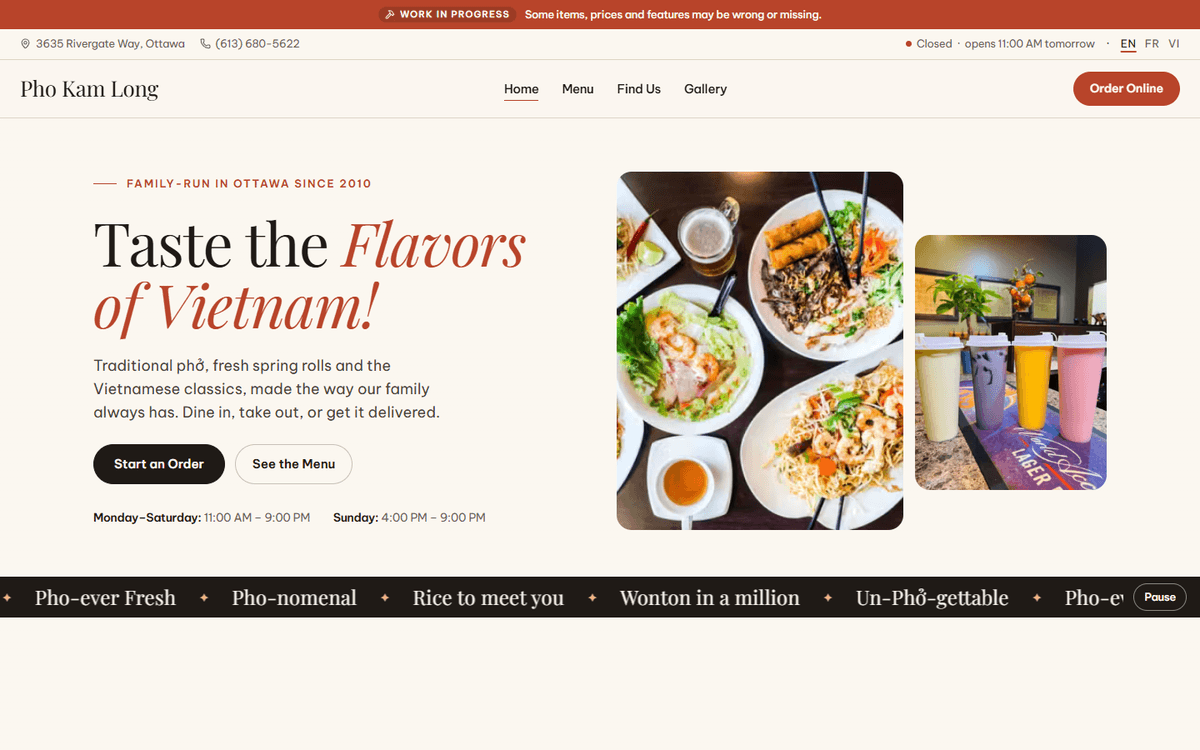 The home page: Taste the Flavors of Vietnam, beside photographs of the food.