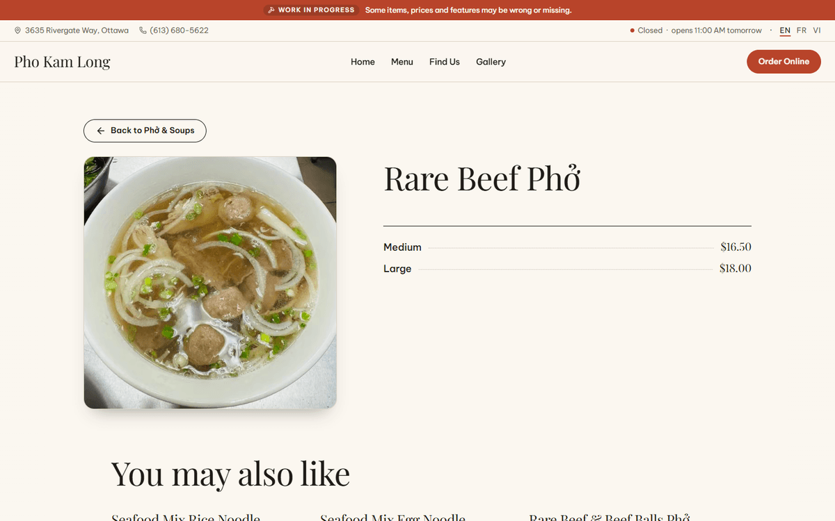 The page for Rare Beef Phở with its sizes and prices.