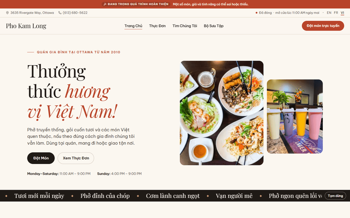 The home page in Vietnamese: Thưởng thức hương vị Việt Nam.