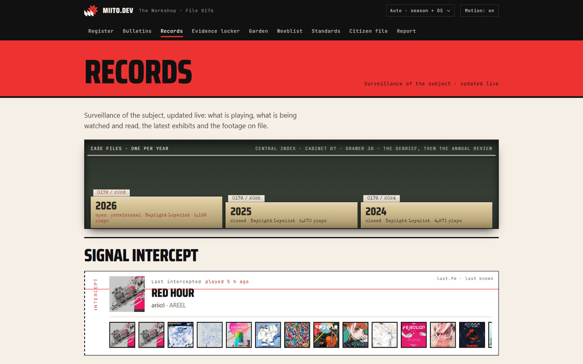 The Records page: case files in a drawer, the last record played and its covers.