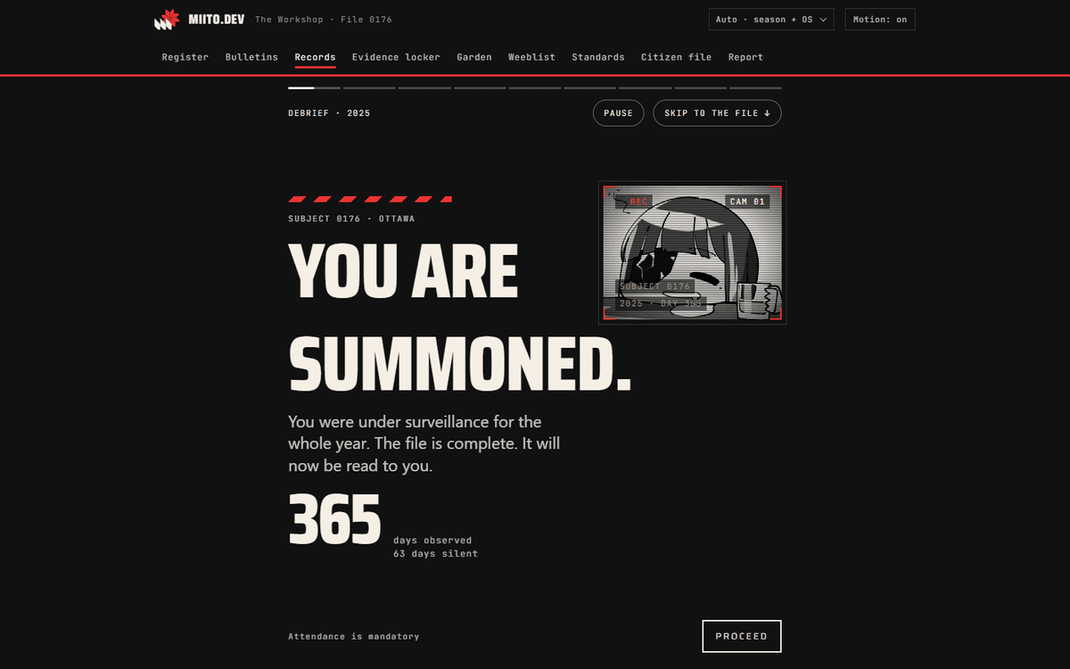 The 2025 year page opening on its first card: You are summoned.