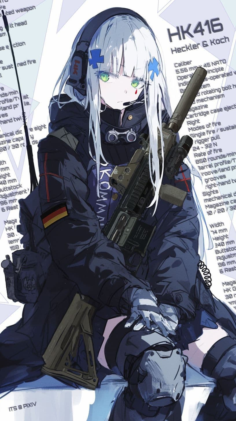 Illustration of HK416 from Girls’ Frontline, holding a firearm labeled “HK 416 Heckler & Koch.” The character has white hair, green eyes, and is wearing a black outfit with body armor and tactical gear. Patches of the German flag are visible on the arm, and there is text in various fonts and sizes in the background.